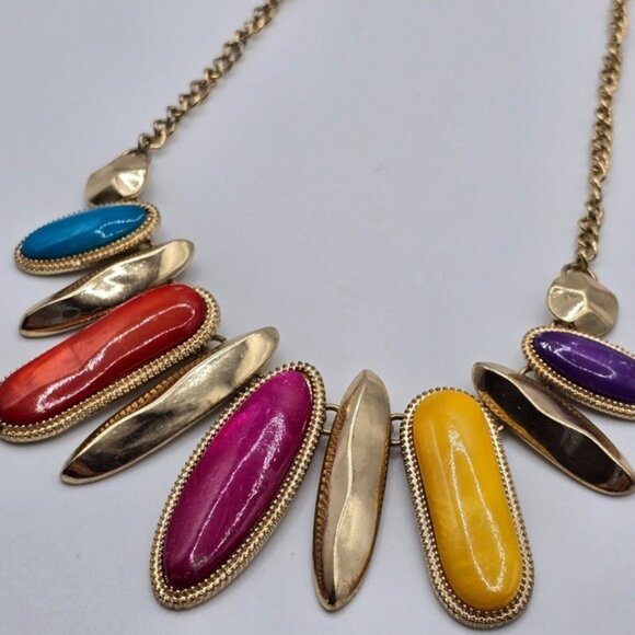 Statement Gold Tone Necklace Colorful Oval Pendants Womens Jewelry - Picture 1 of 6